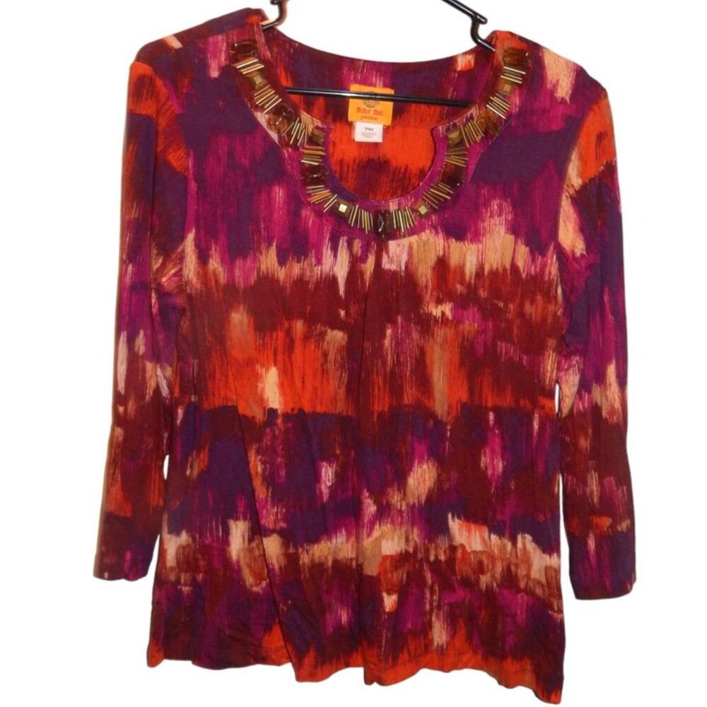 Ruby Rd Petite women’s petite medium beaded neckline 3/4 sleeve abstract blouse